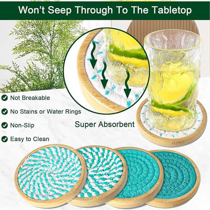 Bamboo Coasters for Drinks, Absorbent Coaster Sets of 5, Woven Drink Coasters for Coffee Table, Housewarming Gift for Farmhouse Home Decor,4 inches (Lake Blue Series)