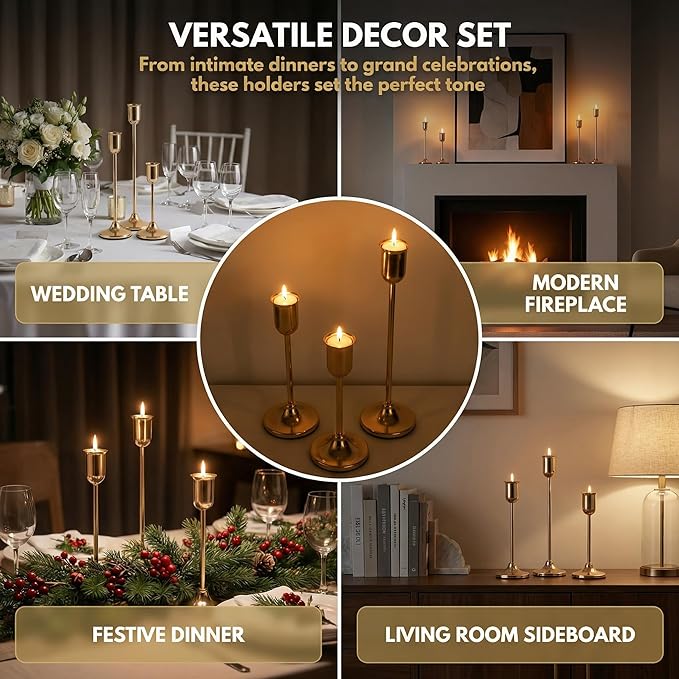 27 Pcs Gold Candlestick Holders Set - Vintage Brass Taper Candle Holder for Pillar Candles - Modern Decorative Centerpiece for Wedding Fireplace Mantel Decor - Cozy Atmosphere Housewarming Gift