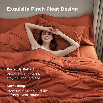 Bedsure California King Comforter Set Burnt Orange - Bed in a Bag Cal King Bedding Set 7 Pieces, GentleSoft™ Pintuck Bed Set Gift for Family, Pinch Pleat Comforter with Sheets, Pillowcases & Shams
