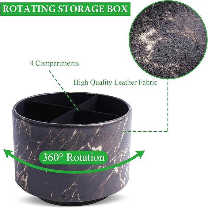 Round Leather Art Supply Organizer,Remote Control Holder,360-degree Rotating Pen Organizer with 4 Compartments(1-Marble Black Gold)