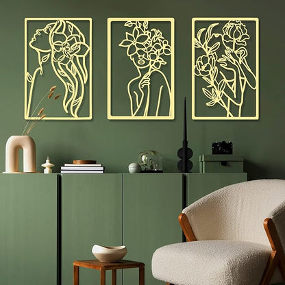 CHENGU Metal Wall Art (3 Pieces, Gold, Floral Style) - Minimalist Abstract Woman Line Drawing Wall Art Decor for Kitchen Bathroom Living Room