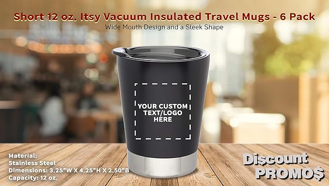 Personalized 12 oz. Itsy Vacuum Insulated Travel Mugs - 6 Pack - Custom Text, Logo - Black