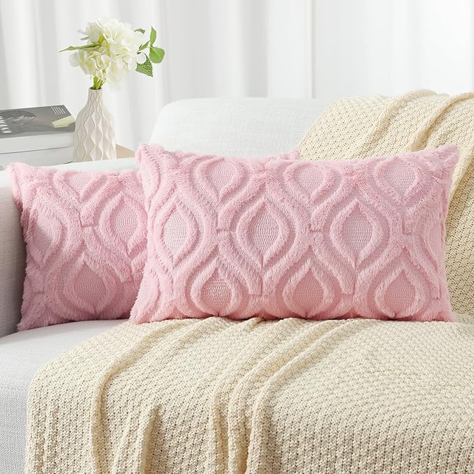 decorUhome Spring Throw Pillow Covers 12x20 Inch Set of 2, Soft Plush Faux Wool Light Pink Solid Couch Pillow Covers, Accent Farmhouse Neutral Square Pillow Cases for Sofa Bed Living Room