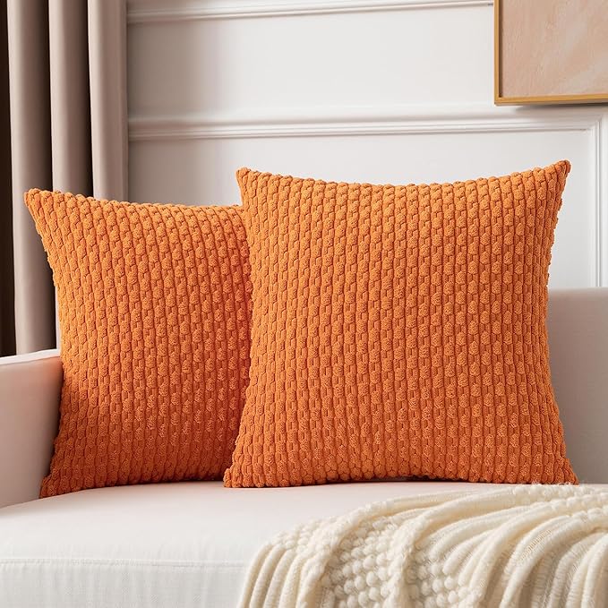 Kevin Textile Pack of 2 Corduroy Decorative Throw Pillow Covers 24x24 Inch Soft Boho Striped Pillow Covers Modern Farmhouse Home Decor for Spring Sofa Living Room Couch Bed Orange