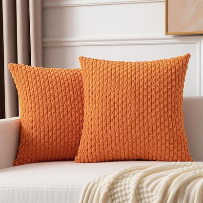 Kevin Textile Fall Pack of 2 Corduroy Decorative Throw Pillow Covers 16x16 Inch Soft Boho Striped Pillow Covers Modern Farmhouse Home Decor for Spring Sofa Living Room Couch Bed Orange