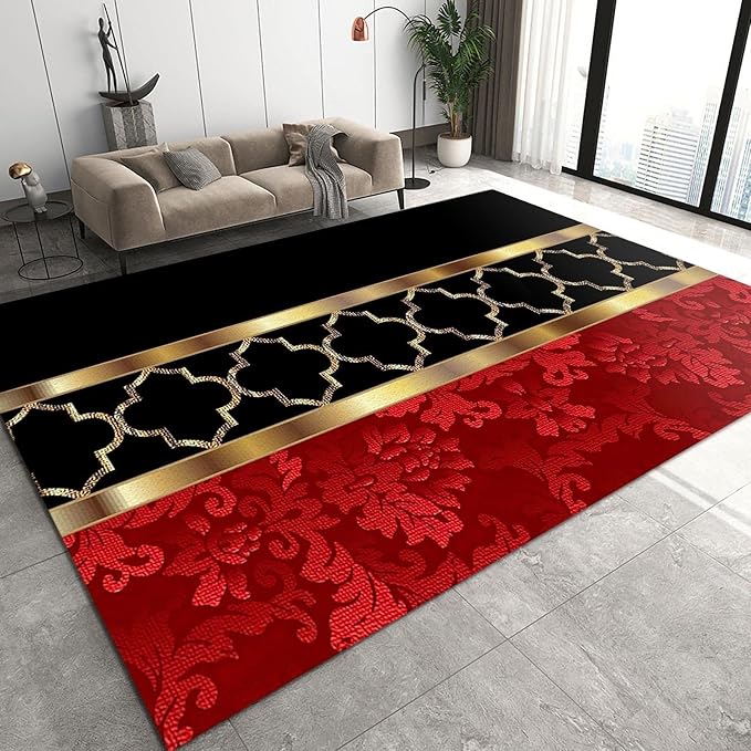 Modern European Style Luxury Art Area Rug, Black Red Gold Splicing Geometry Print Carpet, Easy Clean Carpet Washable Indoor Non-Slip Rug for Boys and Girls Nursery Bed Living Room Decor,6 x 9ft