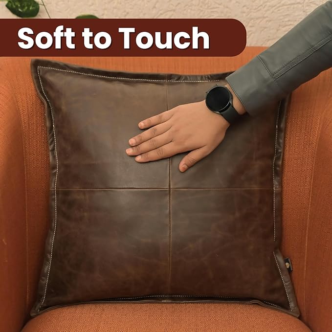 LL LEATHER LOVERS Lambskin Leather Pillow Cover - Sofa Cushion Case - Decorative Throw Covers for Living Room & Bedroom, 20x20 Inches - Chiku Brown Box Pack of 1