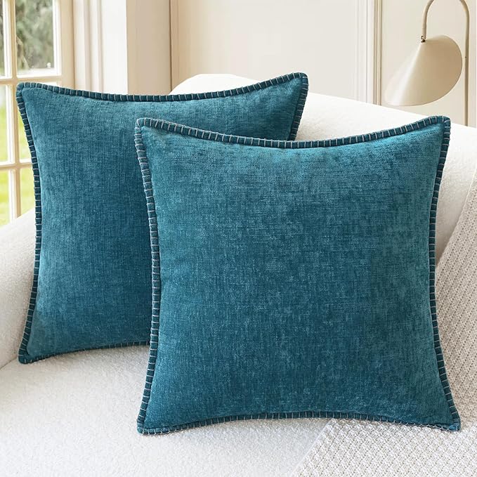CaliTime Throw Pillow Covers Decorative 26 X 26 Inches Pack of 2 Cotton Thread Stitching Edges Solid Dyed Soft Chenille Cushion Cases for Couch Sofa Bed Living Room Farmhouse Ocean Blue