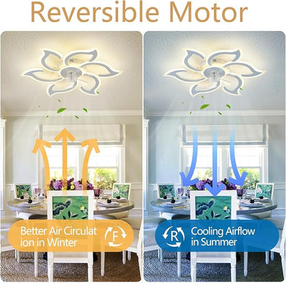 35" White Flower Ceiling Fan with Light Remote Control, 3 Light Color 6 Speeds Flush Mount Low Profile Ceiling Fan for Bedroom Kitchen