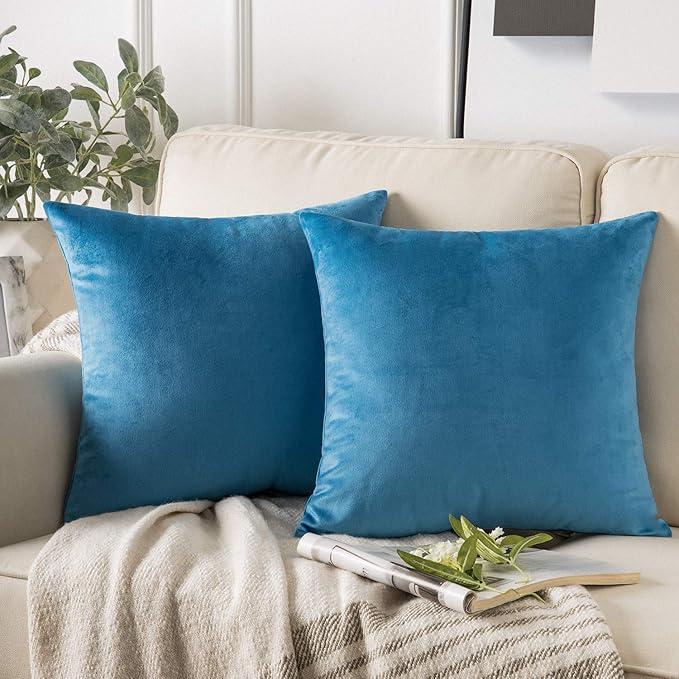 Phantoscope Pack of 2 Velvet Decorative Throw Decorative Pillow Cover Soft Solid Square Cushion Case for Couch Sky Blue 18 x 18 inches 45 x 45 cm