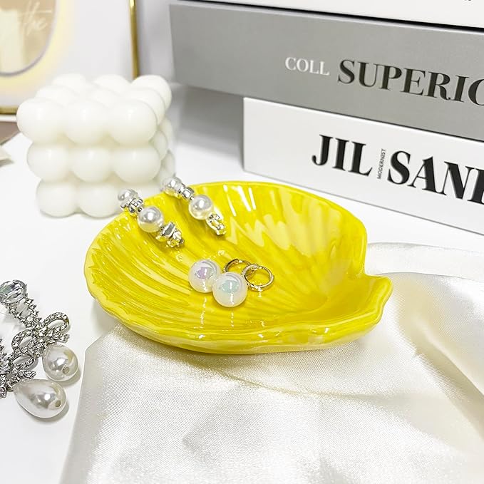 Shell Trinket Dish, Ceramic Jewelry Dish Trinket Tray, Cute Jewelry Organizer Plate for Jewelry, Earring Seashell Jewelry Ring Holder, 3.9", Bright Yellow Iridescent Surface