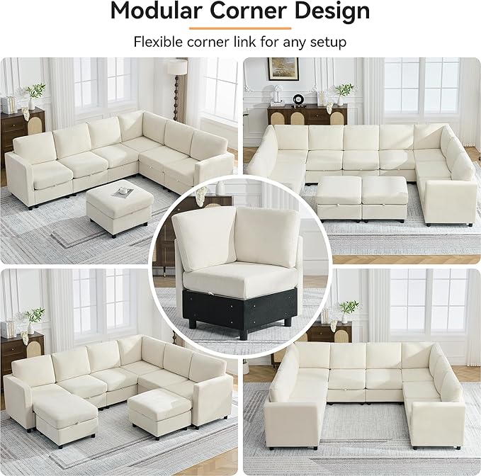 104'' V Shaped Modular Sofa, Sectional Couch with Storage for Living Room, Modern 7 Seater Cloud Sectional Couch with Movable Ottoman, Chenille Beige