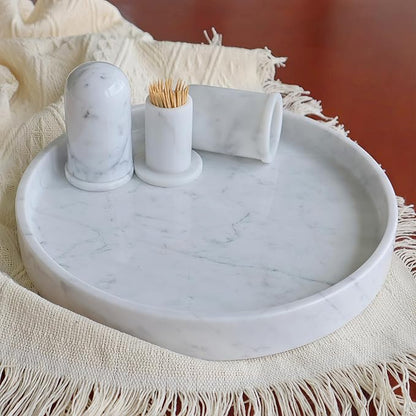 Carrara White Marble Tray Round 10 Inch, Natural Stone Perfume & Dessert Tray, Elegant Serving & Display Plate for Home, Vanity, 2 cm Deep, Non-Slip Base