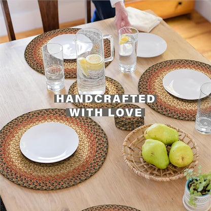 Homespice Russet Round Braided Placemats, Warm Country Decor, Set of 2, 15", Multicolor Jute Table Mats - Vibrant Colors, Durable, Easy to Clean and Protects Furniture