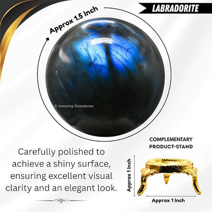 Amazing Gemstone Labradorite Crystal Ball with Stand - 1.5 Inches Crystal Sphere Meditation Balls for Witchcraft and Decorative Balls