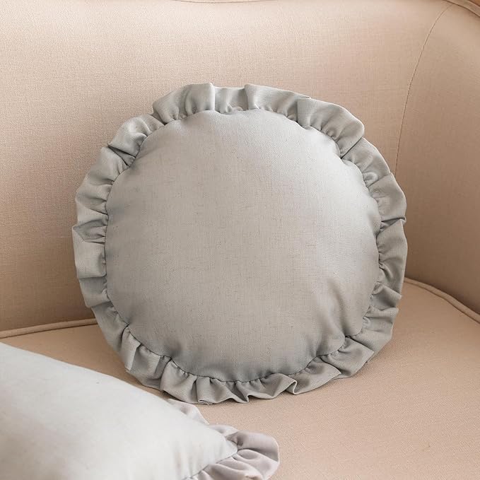 ISAENNE Classic Silver Round Throw Pillow Cover Diameter 16", Solid Color Farmhouse Linen Cotton Decoration Pillow Cover with Ruffles, Sturdy Throw Pillow Case for Couch Sofa Bed Living Room