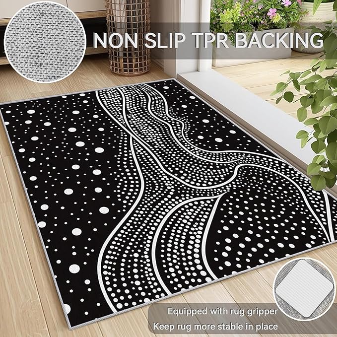 Black and White Rugs for Living Room - Black and White Polka Dots Area Rug, 5x8 Rug, Abstract Rug & Home Decor, Contemporary Modern Carpet & Room Decor, Washable Non Slip Anti Skid Rugs