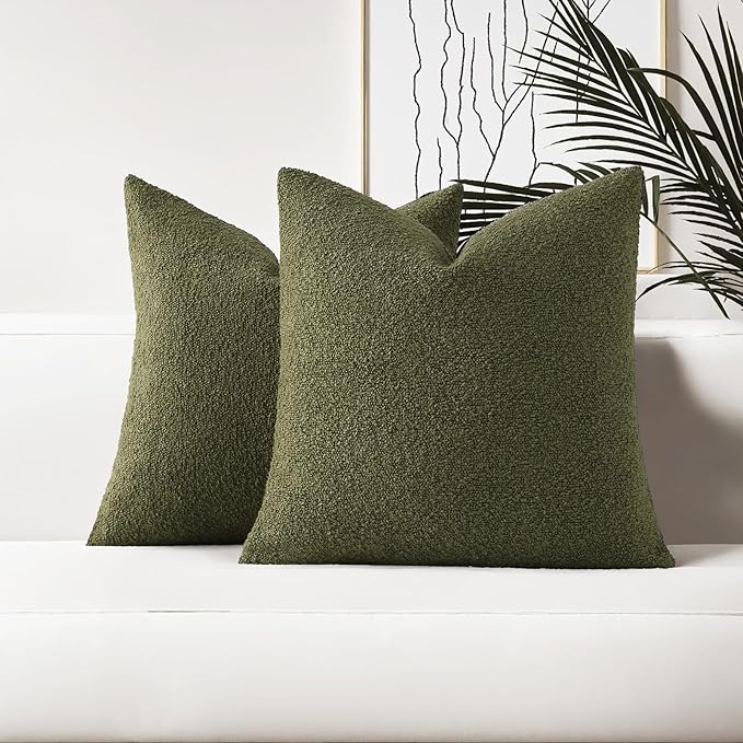 HAUSSY Set of 2 16x16 Decorative Throw Pillow Covers, Soft Cozy Textured Boucle Couch Cases, Home Decor for Couch Bed Living Room, Moss Green