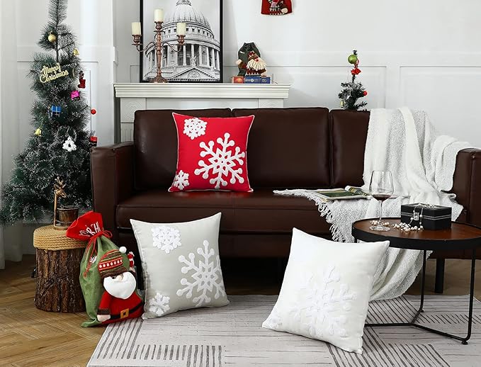 mixeoo Ivory White Winter Decorative Throw Pillow Covers Snowflake Embroidered Soft Thick Durable Square Solid Cushion Cases for Sofa, Pack of 2, 18 x 18 Inch