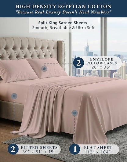 LANE LINEN 100% Egyptian Cotton Split King Bedding Set for Adjustable Beds, Fully Elasticized Reinforced 15 Inch Extra Deep Pocket Split King Sheets, Sateen Weave for Silky Finish - Sepia Rose