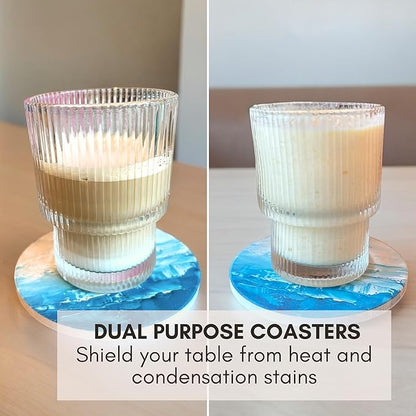 Blue Ceramic Absorbent Coasters Set of 6 with Holder, Marble Drink Coasters for Coffee Table, Water Absorbing Coaster (Waves)