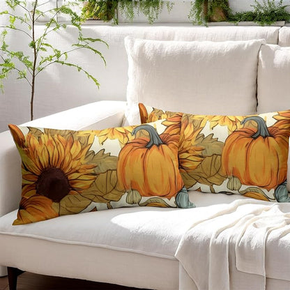 Pumpkin Fall Lumbar Pillow Covers 12x20 Set of 2 Burnt Orange Autumn Thanksgiving Pillow Cases Sunflower Outdoor Decorative Holiday Cushion Cover Rustic Decoration Farmhouse Home Sofa Couch Bed Decor