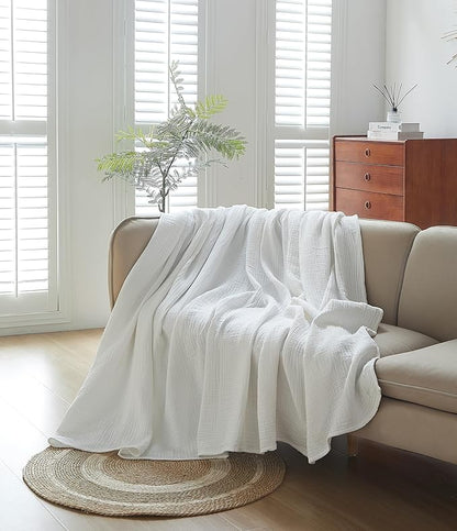 100% Cotton Muslin Twin XL Blanket (66" x 90") – A Luxuriously Soft, 4-Layer Lightweight and Breathable Gauze Blanket, Perfect for Year-Round use on beds, couches (White, Twin XL)
