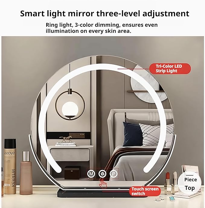 Vanity Mirror with Lights, Half Round LED Makeup Mirror with 3 Color Dimmable Touch Screen, 360° Rotating Metal Frame, Marble Base, HD Lighted Mirror for Bedroom & Dressing Table