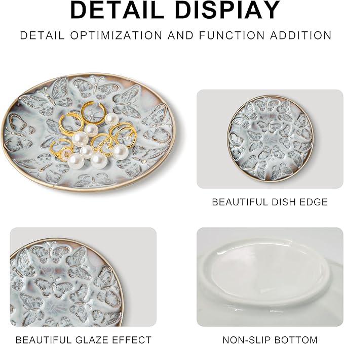 Ceramic Jewelry Dish, Decorative Tray for Rings Earrings Necklaces Bracelet Watch Keys, 4.50" Trinket Tray as Gifts for Women (Reactive Butterflies)
