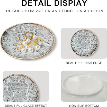 Ceramic Jewelry Dish, Decorative Tray for Rings Earrings Necklaces Bracelet Watch Keys, 4.50" Trinket Tray as Gifts for Women (Reactive Butterflies)