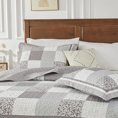 SahSahCasa 100% Cotton 102"x120" Oversized Queen Quilt Bedspread - Quilted Extra Large Comforter Lightweight Bedding Set, XL Plaid Patchwork Wide Bed Spread Coverlet, 3pcs, Taupe Gray