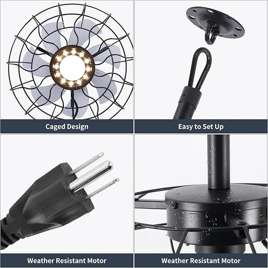 15" Outdoor Ceiling Fan with Light, with Remote and App Remote, IP65 Waterproof Gazebo Hanging Fan, 3CCT Dimmable, Portable Plug in Ceiling Fan with Cord Hook for Patio Porch Pergola Indoor(Black)