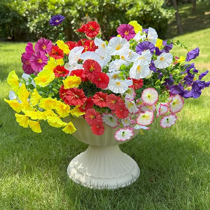 Artificial Fake Flowers Plant for Outdoors, 12 Bundles Faux Morning Glory UV Resistant Look Real Silk Flowers for Outside Planter Front Door Porch Patio Yard Decoration, (6 Multicolor)