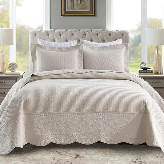 MarCielo 3-Piece 100% Cotton Oversized Bedspread Lightweight Quilt Coverlet Embroidery Farmhouse Bedding Set (TG Yellowish Beige, Oversized Queen (100"x106"))