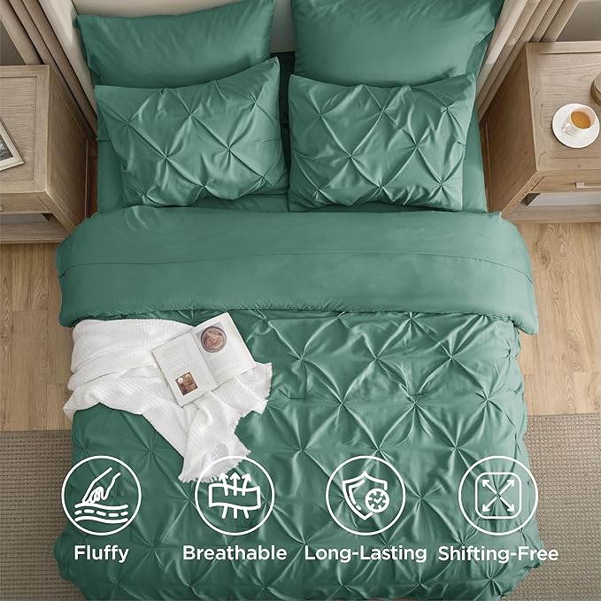 Bedsure California King Comforter Set Graysih Green - Bed in a Bag Cal King Bedding Set 7 Pieces, GentleSoft™ Pintuck Bed Set Gift for Family, Pinch Pleat Comforter with Sheets, Pillowcases & Shams