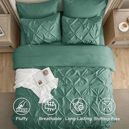 Bedsure California King Comforter Set Graysih Green - Bed in a Bag Cal King Bedding Set 7 Pieces, GentleSoft™ Pintuck Bed Set Gift for Family, Pinch Pleat Comforter with Sheets, Pillowcases & Shams