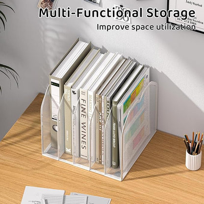 White 5-Section File Folder Organizer for Desk – 8.5"×9.3" Metal Vertical File Holder, Desktop File Organizer Vertical Stand, Letter/A4 Upright File Sorter