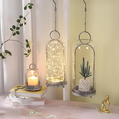 20" High Versatile Modern Metal Hurricane Lantern with Handmade Sturdy Glass Dome in Rustic Black for Pillar Candle & Plants, Industrial, Farmhouse, Shabby Chic