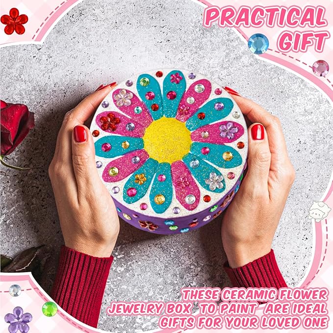 Teenyyou 15 Pcs 6 Sets Paint Your Own Ceramic Jewelry Box Painting DIY Craft Set Unfinished Dasiy Treasure Box with 2 Strips of Paints 2 Brushes 1 Palette 2 Diamond Stickers 2 Glitters