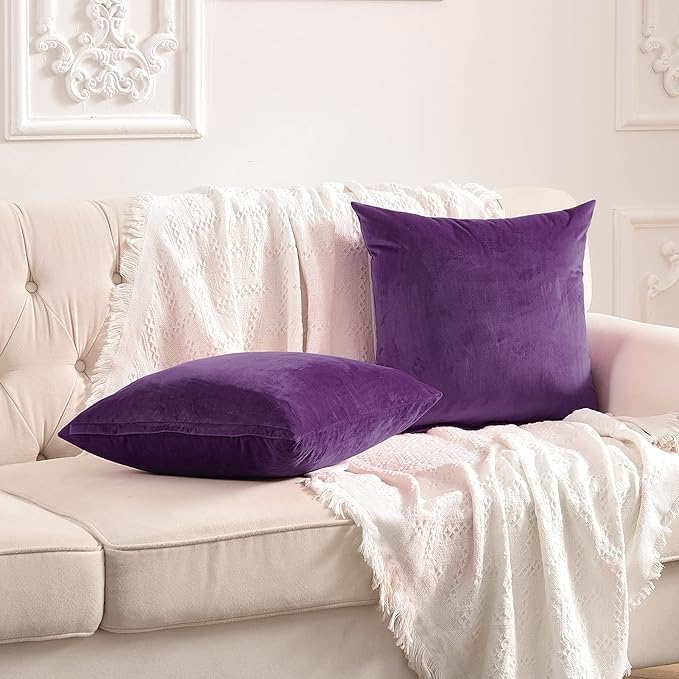 FY FIBER HOUSE Pack of 2 Velvet Throw Pillow Covers Decorative Square Pillowcase Soft Solid Cushion Case for Sofa/Couch Use, 18 x 18 Inch Purple