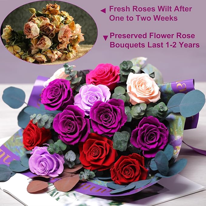 Lovenfold Flowers for Delivery Birthday Flowers Gift for Her,Preserved Flowers Bouquet 12 Roses Mixed Bouquet,Rose Gifts for Women Mom Grandma(Mixed 12 Purple-B Roses)