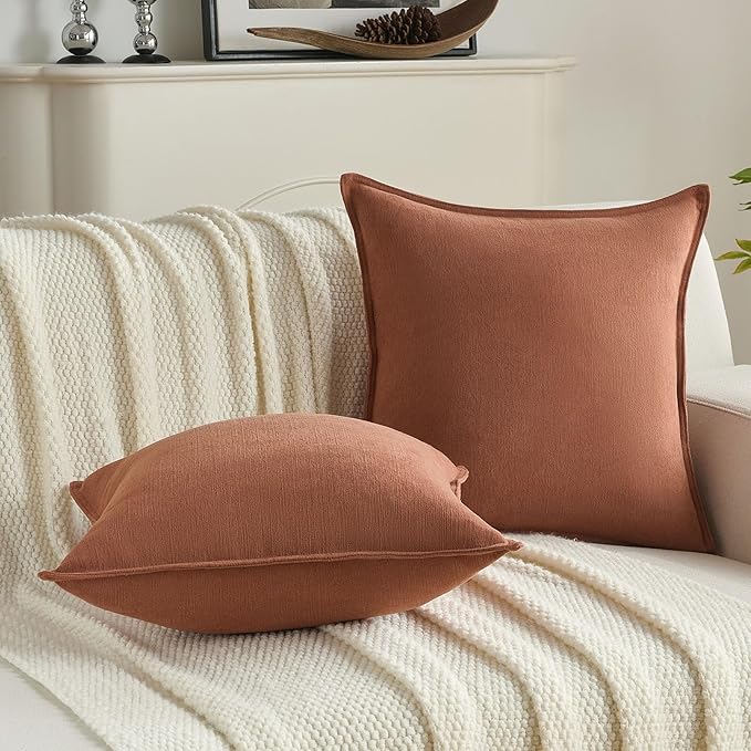 FUTEI Rust Chenille Throw Pillow Covers 24x24 Inch Set of 2,Edges Double-Stitched European Cushion Cases,Modern Home Decor for Couch Living Room
