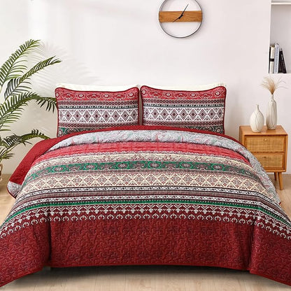 WONGS BEDDING Boho King Quilt Set, Red Bohemian Quilt Bedding Set, Lightweight Bed Decor Bedspread for All Season Reversible Microfiber Coverlet Bedding Set 103"x90"(3 Pieces)