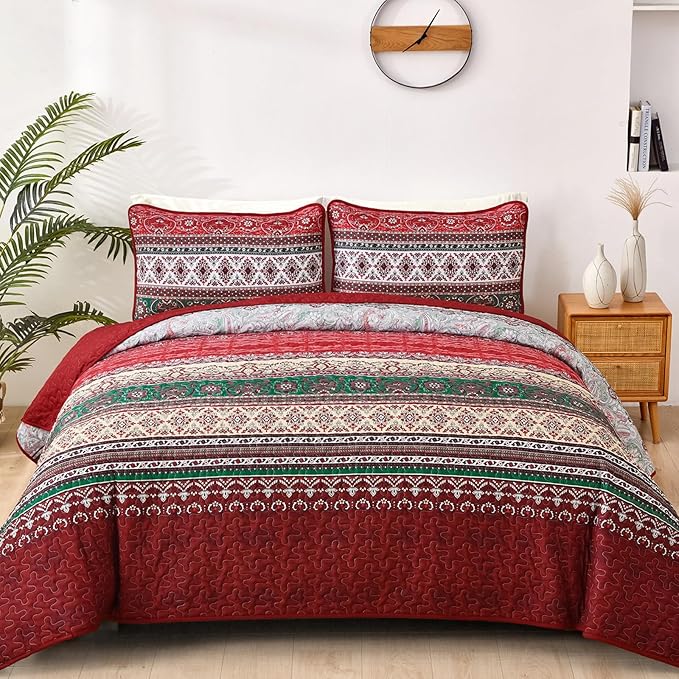 WONGS BEDDING Boho Queen Quilt Set, Red Bohemian Quilt Bedding Set, Lightweight Bed Decor Bedspread for All Season Reversible Microfiber Coverlet Bedding Set 96"x90"(3 Pieces)