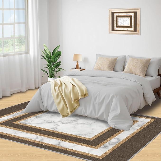 Marble Texture Area Rugs Rectangular Geometric Rug Gray White Marble Carpet Luxury Rug with Gold Accents Modern Minimalist Geometric Rugs for Bedroom Living Room 7x8ft