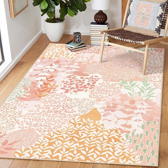 DEXDE Washable Area Rug 3x5 for Living Room, Abstract Small Boho Rugs Non Slip Soft Kids Room,Vintage Leaves Floral Carpet for Bedroom Entryway Kitchen Office Dining Room, Pink