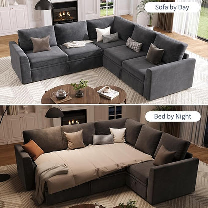 GarveeHome Sectional Sleeper Sofa with Pull Out Bed, Chenille Modular Sectional Sofa U Shaped Couch with Pull Out Couch and Storage Seat & Ottoman, Convertible Couches for Living Room