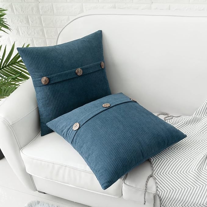 HWY 50 Blue Chenille Throw Pillow Covers 20x20 Inch with Triple Buttons, Soft Farmhouse Accent Decorative Cushion Cases for Couch Sofa Bed Living Room Pack of 2
