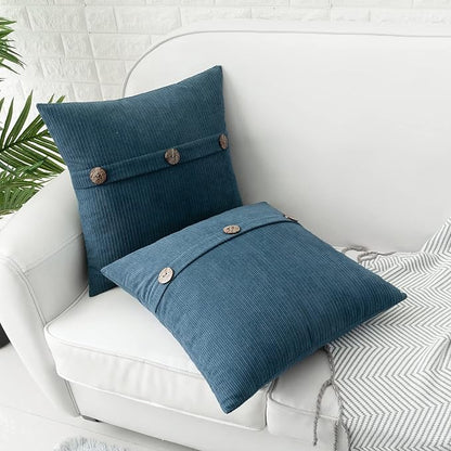 HWY 50 Blue Chenille Throw Pillow Covers 22x22 Inch with Triple Buttons, Soft Farmhouse Accent Decorative Cushion Cases for Couch Sofa Bed Living Room Pack of 2
