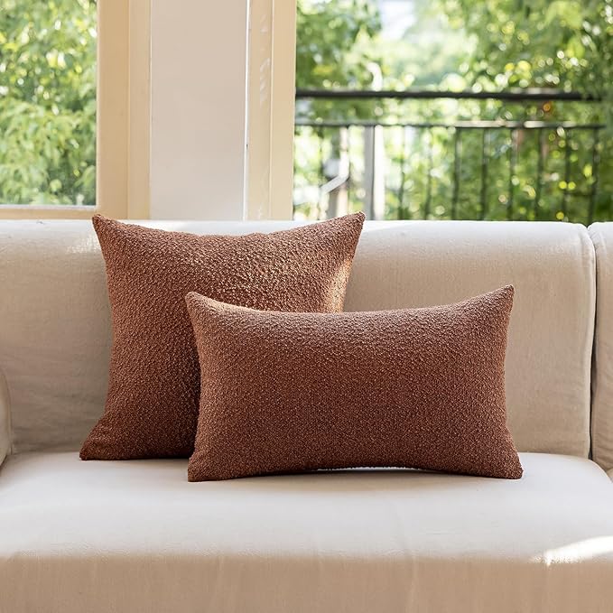 GEEORY Decorative Throw Pillow Covers 20x20 Inch Pack of 2,Textured Boucle Neutral Cushion Cases for Bed Couch Sofa, Accent Mordern Farmhouse Minimalist Home Decor (Tobacco Brown) GE06-20